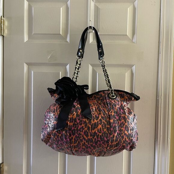 Betsey Johnson Fabric sequins leopard print orange,hot pink & black shoulder bag - Picture 2 of 12